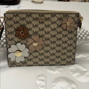 Michael Kors Beige and Brown Floral Crossbody and or wristlet.